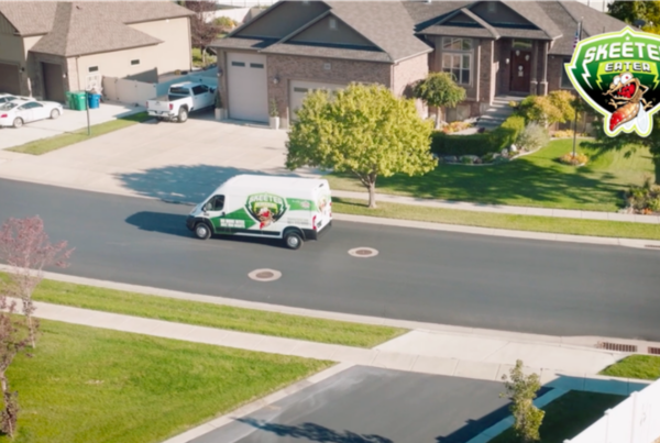 A Skeeter Eater van, specializing in Residential Mosquito Control, is parked on a suburban street in front of homes, with the company logo displayed in the top right corner of the image.